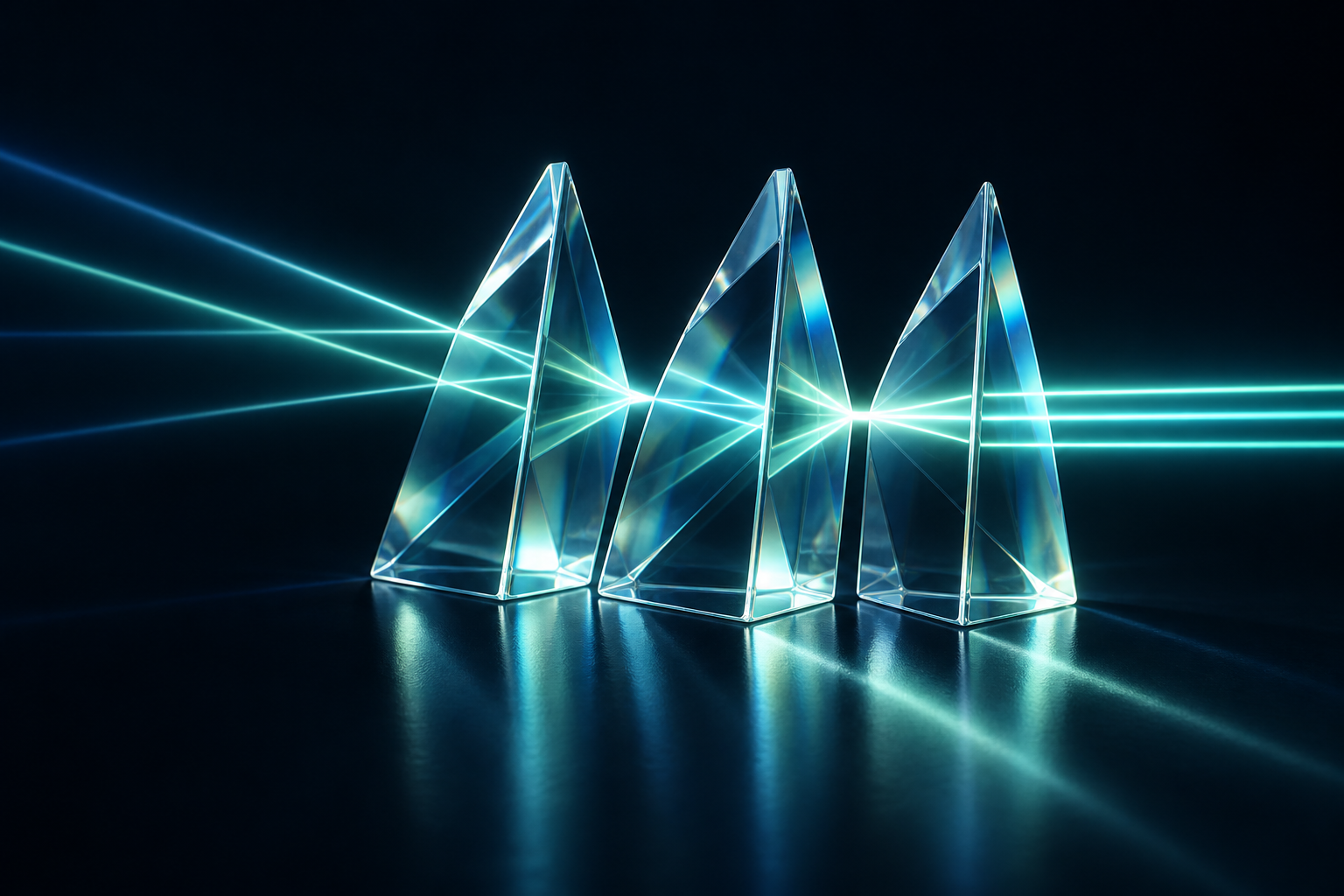 Three luminous glass prisms converging into aligned paths